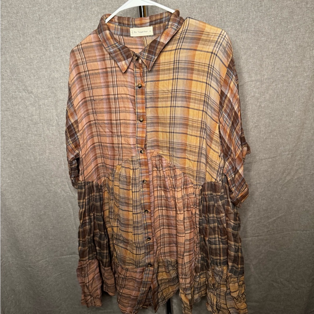 Boutique Brown Plaid Button-Up Tunic with Ruffle Details